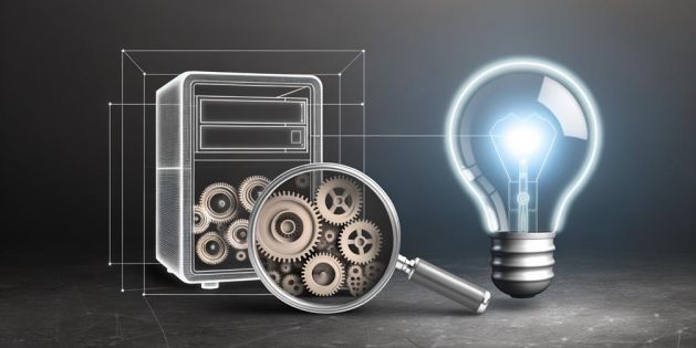 image showing a computer with gears, a magnifying glass witnessing a smooth workflow, and a light bulb symbolizing innovative solutions, all in a sleek, modern style.